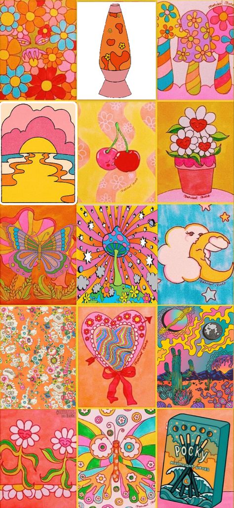 70s aesthetic retro hippie wallpaper (most art made by marisol muro) 70s Groovy Art Wallpaper, 70s Bright Aesthetic, Retro Groovy Aesthetic Room, Groovy Watercolor Art, 70s Prints Art, 70s Rainbow Aesthetic, 70s Aesthetic Painting, 70s Art Style, 70s Aesthetic Art Wallpaper