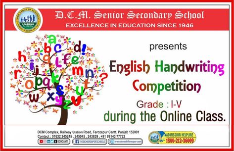 “Handwriting Is the reflection of personality”. In the light of this, DCMC is organising a 𝐄𝐧𝐠𝐥𝐢𝐬𝐡 𝐇𝐚𝐧𝐝𝐰𝐫𝐢𝐭𝐢𝐧𝐠 𝐂𝐨𝐦𝐩𝐞𝐭𝐢𝐭𝐢𝐨𝐧 to encourage students to improve their calligraphy skills. The Competition is for classes I- V on April 28, 2021. #EnglishHandwritingCompetition #Handwriting #HandwritingCompetition #BeautifulStrokes #OnlineClass #DCMC #BestSchoolinFerozepur #AdmissionOpen2021 #ApplyNow Competition Poster, English Handwriting, Competition Board, The Reflection, Board Decoration, Student Encouragement, Online Classes, Preschool Crafts, Handwriting