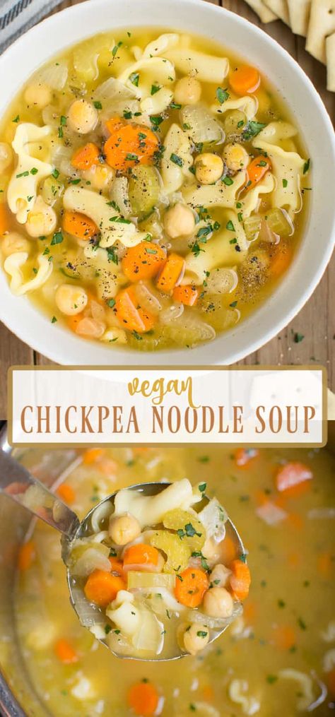 This chickpea noodle soup is a delicious vegan take on the classic chicken noodle soup. It's loaded with common ingredients like noodles, chickpeas, carrots, celery, and onion for a simple homestyle recipe. Make it in the Instant Pot or on the stovetop for an easy dinner. Vegetarian Chicken Noodle Soup, Vegetarian Noodle Soup, Chickpea Stew Vegan, Chickpea Noodle Soup, Dinner Instant Pot, Chickpea Noodle, Vegan Noodle Soup, Vegan Chicken Noodle Soup, Classic Chicken Noodle Soup