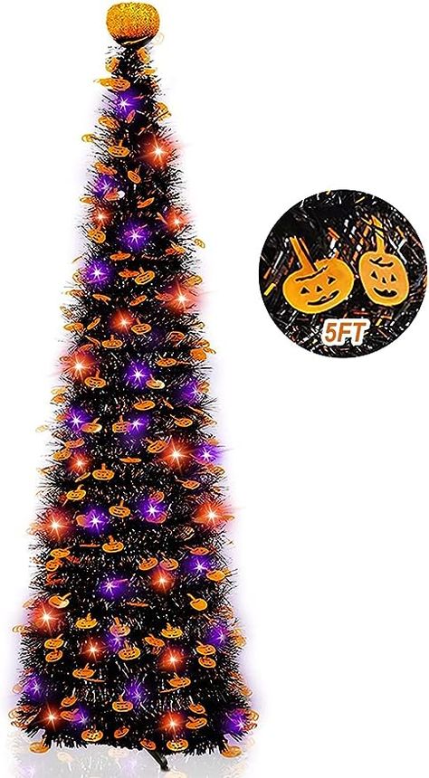 Purple String Lights, Halloween Tree Decorations, Pencil Tree, Halloween Christmas Tree, Pumpkin Ornaments, Pencil Trees, Pumpkin Ornament, Scary Decorations, Tinsel Tree