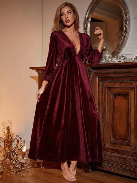 Velvet Lace Trimed Night Dress | SHEIN USA Red Night Gown, Night Dress For Bride, Party Dresses For Women Night Classy, 19th Century Dress, Party Dress Inspiration, Night Gown Dress, Night Dress For Women, Korean Dress, Glamour Dress