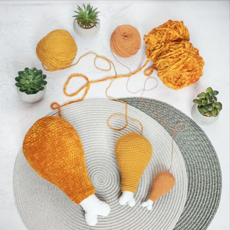 This PATTERN contains English description of crocheting the Chicken legs 🍗🍗🍗. The smallest leg can be used as a keychain, and bigger legs will be a great toy for a child. All three legs are crocheted according to the same description, only using different yarns and a suitable hook. The pattern shows 3 options for the design of the legs, as in the main photo. The length of the large leg is 24 cm / 9.5". The length of the medium leg is 15 cm / 6". The length of the small leg is 9 cm / 3.5". Chicken Leg Crochet Pattern, Bigger Legs, Amigurumi Chicken, Handmade Food, Crochet Chicken, Big Legs, Chicken Legs, Pattern Tutorial, The Chicken