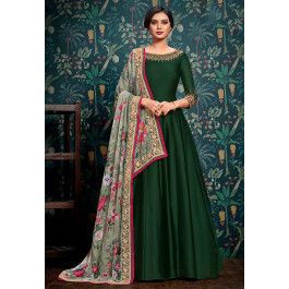 <ul><li> Satin Georgette Abaya Style Kameez in Dark Green</li><li> This Eyecatcher Semi-stitched attire with Poly Shantoon Lining is Enhanced with Zari, Dori and Stone Work and is Crafted in Round Neck and Quarter Sleeve</li><li> Available with a Poly Shantoon Churidar in Dark Green and a Digital Printed Faux Chiffon Dupatta in Dusty Green</li><li> The Kameez and Bottom Lengths are 55 and 48 inches respectively</li><li> Do note: Accessories shown in the image are for presentation purposes only a Dark Green Anarkali, Dark Blue Dress Outfit, Green Anarkali Dress, Embroidered Abaya, Black Dress Outfit Casual, Blue Dress Outfits, Green Anarkali, Designer Suits Online, Dress Outfits Party