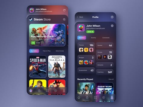 Steam Store App Concept Mobile Game App Design, Gaming App Design, Gaming Ui Design, Game App Ui, Steam App, Game App Design, App Store Design, App Development Design, Rumah Minecraft Sederhana