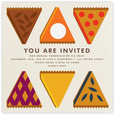 Thanksgiving invitations - online at Paperless Post Thanksgiving Ads, Thanksgiving Invitation Template, Friendsgiving Feast, Thanksgiving Potluck, Indigo Bunting, Pie Party, Thanksgiving Friendsgiving, Pie In The Sky, Food Shapes