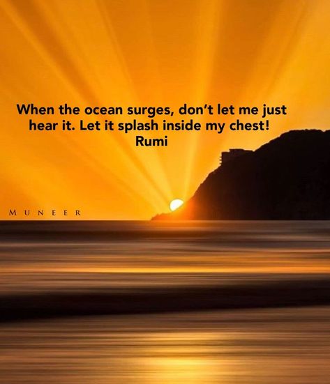 When the ocean surges, don’t let me just hear it. Let it splash inside my chest! Rumi ♡ Sky Quotes, Ocean Quotes, Orange Sky, Rumi Quotes, Good Thoughts Quotes, Rumi, Good Thoughts, Thoughts Quotes, Sailing