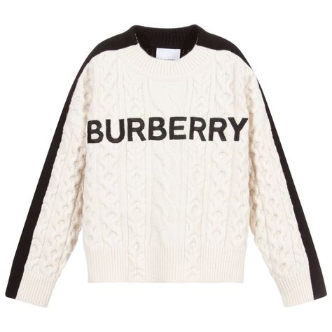 brand Black White Wool Sweater, White Cable Knit Sweater, Burberry Sweater, Burberry Tops, Kids Blouse, Checked Blouse, Girls Joggers, Burberry Kids, Cotton Polo Shirt