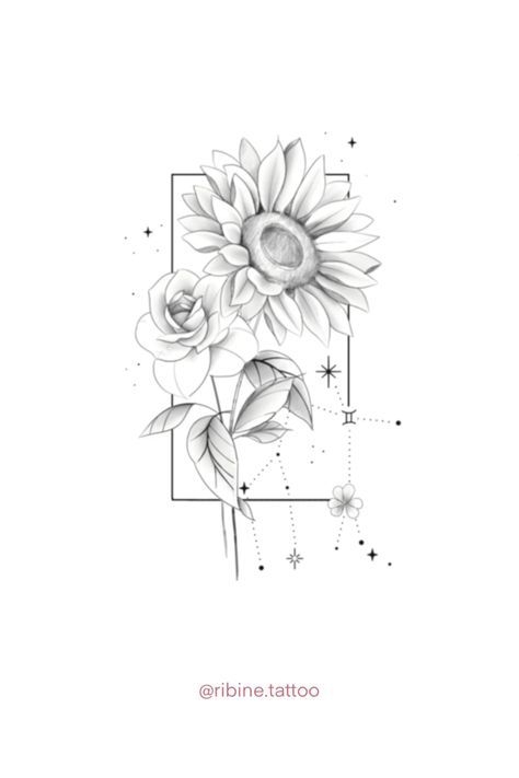 Idee de tatouage réalisé, avec un petit bouquet de fleurs agrémenté d’un tournesol et d’une rose. Des petits details ornementaux viennent autour du tatouage, une lune et des étoiles. Le dessin est en fineline avec des degradés. #sunflower #sunflowertattoomeaning #tattooinspiration #inspirationtattoo #ideatattoo #rosetattoo #rose #drawingrose #drawing #dessin #finelinetattoo #finelinetattoodesign #finelineartist Sunflower Bouquet Drawing, Roses And Sunflowers Tattoo, Sunflower Rose Tattoo, Rose And Sunflower Tattoo, Sunflowers And Roses, Sunflower Bouquets, Sunflower Tattoo, Rose Tattoos, Mini Tattoos