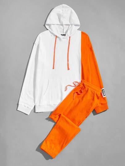 Men Neon Orange Colorblock Drawstring Hoodie & Joggers Set | SHEIN USA Shein Men, Stylish Hoodies, Joggers Set, Trendy Hoodies, Mens Casual Dress Outfits, African Men Fashion, Mens Casual Dress, Black Men Fashion, Men Fashion Casual Outfits