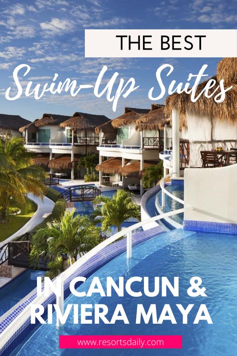 These Cancun and Riviera Maya swim-out suites offer a private or semi-private patio area with lounge chairs and steps to a pool or lazy river, which leads to the larger resort pool. We love them! Grand Park Royal Cancun, Ocean Riviera Paradise, Paradisus Playa Del Carmen, Excellence Riviera Cancun, Secrets Akumal Riviera Maya, Downtown Cancun, Dreams Tulum Resort, Dreams Riviera Cancun Resort, Tulum Resorts