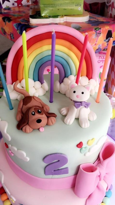 Puppy kitty cake 2nd birthday party Puppy Kitty Birthday Cake, Puppy And Kitty Themed Birthday Party, Kittens And Puppies Birthday Party, Cat And Dog Themed Birthday Cake, Rainbow Kitty Party Theme, Kitty Birthday Party, Kitty Cake, 2nd Birthday Party, Cat Birthday Party