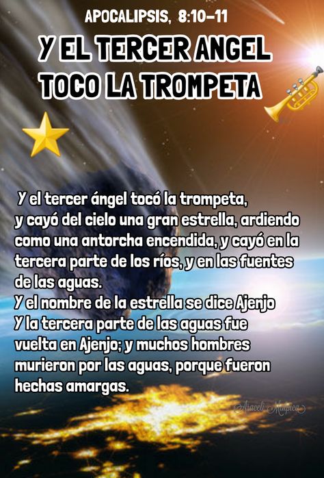 ARACELI MALPICA- Posters : Apocalipsis, 8:10 - 11 Y el tercer ángel tocó la trompeta, y cayó del cielo una gran estrella, ardiendo como una antorcha encendida, y cayó en la tercera parte de los ríos, y en las fuentes de las aguas.  Y el nombre de la estrella se dice Ajenjo. Y la tercera parte de las aguas fue vuelta en Ajenjo; y muchos hombres murieron por las aguas, porque fueron hechas amargas. End Of Times, Bible Text, Jesus Loves Me, Abba, Bible Quotes, Bible Study, Motivational Quotes, Bible, Jesus