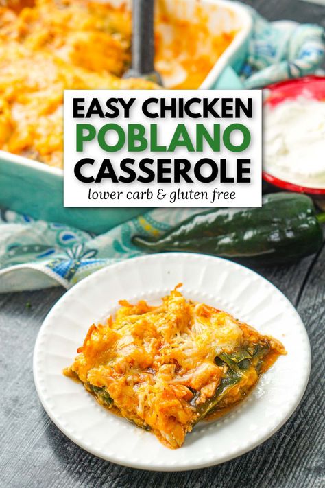 This easy chicken poblano casserole recipe is full of Mexican flavors and perfect for using fresh poblano peppers from the garden. You only need 4 ingredients and you can make this delicious casserole that is gluten free and lower carb. Great comfort food that's easy to make! Poblano Recipes Healthy, Cheap Easy Chicken Casseroles, Stuffed Poblano Pepper Casserole, Chicken And Poblano Peppers, Poblano Chicken Enchilada Casserole, Crockpot Poblano Chicken, Chicken Pablano Pepper Casserole, Poblano Pepper Casserole Recipes, Poblano Chicken Recipes