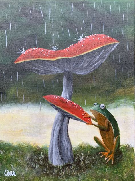 frog under rain Mushroom And Frog Painting, Frog In Rain, Frog Acrylic Painting, Frog Under Mushroom, Rain Illustration, Rain Sticks, Mushroom Paint, Rain Painting, Mushroom Drawing