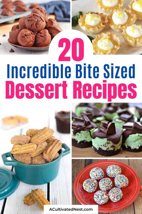 20 Incredible Bite Sized Dessert Recipes- If you want a great dessert to serve a crowd, then you need to check out these 20 incredible bite sized dessert recipes! They're all super easy to make, taste delicious, and are sure to be a big hit! | small desserts, desserts for parties, #desserts #dessertRecipes #smallDesserts #biteSizeDesserts #ACultivatedNest Fun Easy Desert Ideas, Sweet Appetizer Recipes Easy, Non Refrigerated Desserts Parties, Top Dessert Recipes On Pinterest, Easy Fancy Looking Desserts, Appetizer And Dessert Party, Best Shareable Desserts, Dessert Bitesize Easy, Individual Baked Desserts