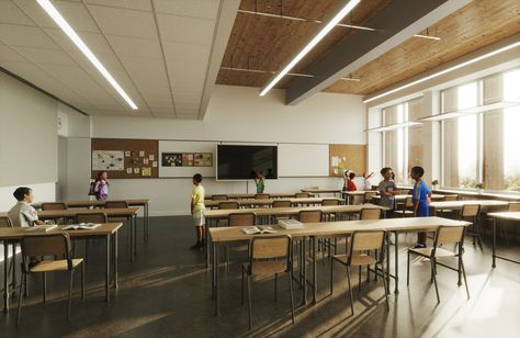 Modern School Design, Exposed Wood Ceilings, Mass Timber, Modern School, Wood Building, Charter School, Exposed Wood, Educational Projects, Wood Ceilings