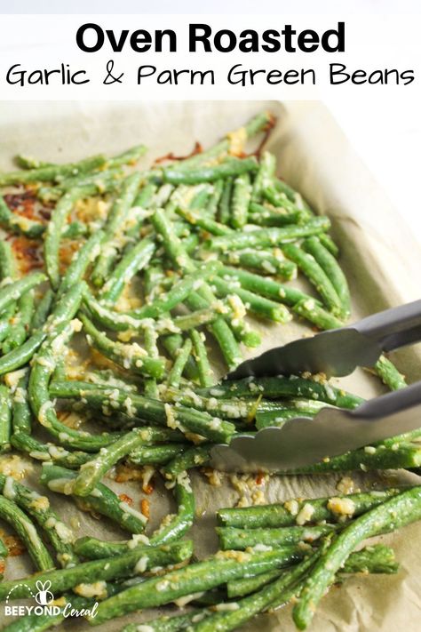 Garlic and Parmesan Oven Roasted Green Beans. With this easy fresh green bean recipe you can enjoy tasty cheesy garlic green beans that are crispy and delicious. Oven Green Beans Fresh, Parmesan Green Beans Baked, Parmesean Green Beans, Green Bean Recipes Oven, Roasted Garlic Green Beans, Oven Green Beans, Parmesan Roasted Green Beans, Fresh Green Bean Recipes, Green Beans With Garlic