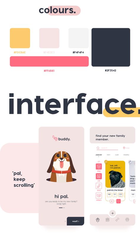 buddy. Find your new family member. App design Ui/Ux on Behance Ui Ux Design Website, Moodboard App, Ux Design Website, Desain Ux, App Design Ui, Ux Design Principles, Ux App Design, App Design Layout, Mobile App Design Inspiration