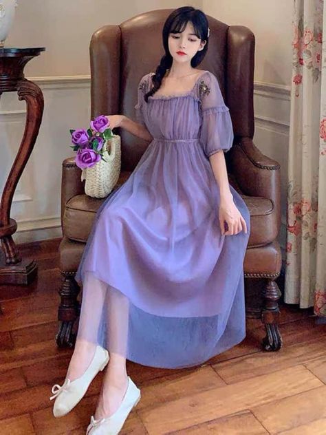 Color Uva, Dark Purple Dresses, Maxi Summer Dress, Deer Doll, Purple Outfit, Spring Fairy, Pastel Kawaii, Aesthetic Cottagecore, Mori Girl Fashion