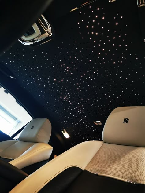 Car With Lights Inside, Car Decorations Interior Led Lights, Car Inside Lights, All Black Interior Car, Car Decorations Interior Dark Aesthetic, Starlight Ceiling Car, Cars With Star Roof, Car Ceiling Lights, Car Roof Star Lights