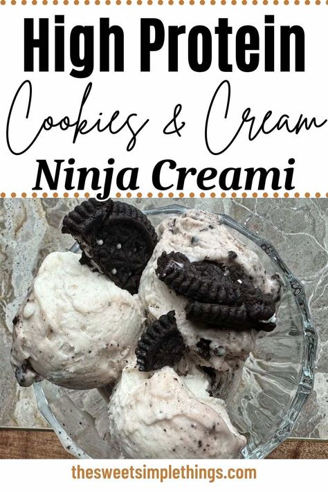 This healthy high protein Ninja Creami Cookies & Cream recipe is delicious--and even sugar-free! Yes, even the cookies (High Key brand). This is a super tasty oreo protein ice cream recipe. Great healthy Ninja Creami recipe for summer & cookie lovers. Ninja Creami Protein Ice Cream Recipes are a game changer! Protein Ninja Creami, Creami Protein Ice Cream, Ice Cream Maker Recipes Healthy, Low Calorie Cookies, Ninja Creamy, Ninja Ice Cream Recipe, Sugar Free Desserts Easy, Protein Ice Cream Recipe, Cookies And Cream Ice Cream