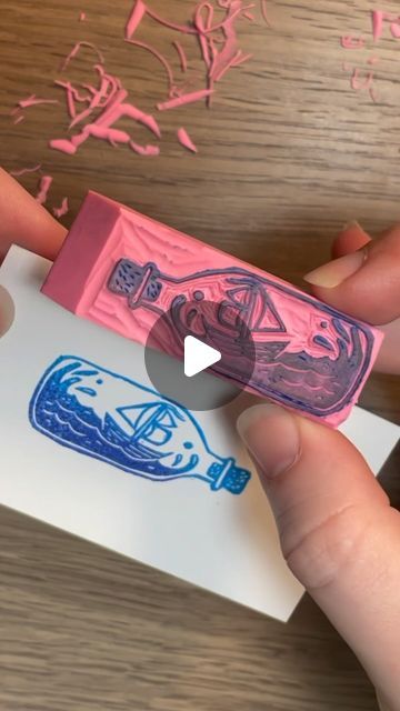 Emilie | CauleyCreative on Instagram: "⚠️No eraser is safe⚠️ Just look at this adorable mini ship in a bottle!! These tiny eraser projects are so fantastic because I can crank these out after a pretty busy day.   I have a couple more pink erasers so expect more mini prints from me 🤩 . . . #miniprint #linocut #printmaker #smallprint #printmaking #artistsoninstagram #reusable #recycle #upcycle #stamp #stamping #stampmaking #process #artprocess #fyp #printshop #smallbusiness #justhavingfun" Pink Eraser Linocut, Eraser Block Print, Pink Eraser Stamp, Eraser Printmaking, Eraser Linocut, Eraser Stamp Ideas, Eraser Prints, Eraser Carving, Eraser Art