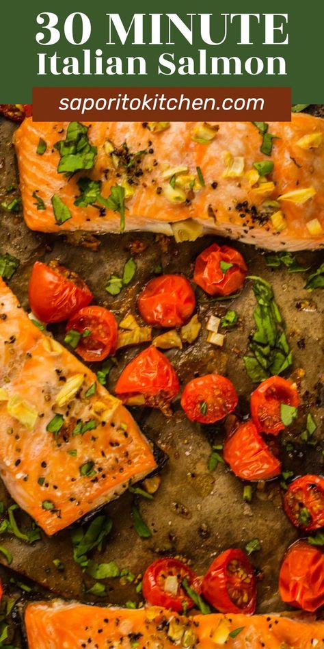 This Italian salmon recipe is full of fresh, delicious flavors. Salmon fillets are roasted in the oven with fresh tomatoes, and garlic and finished off with fresh basil. This easy recipe is done in less than 30 minutes in a few simple steps, for the perfect weeknight meal. Salmon And Basil Recipes, Salmon With Roasted Tomatoes, Basil Salmon Recipes, Italian Salmon Recipes, Salmon With Basil, Salmon With Tomatoes, Italian Salmon, Salmon Basil, Basil Salmon