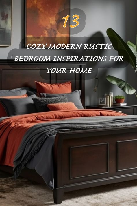 I'm completely in love with this cozy modern rustic bedroom design! The combination of rich textures and warm colors creates an inviting atmosphere that's perfect for relaxation. The beautiful wood bed frame pairs perfectly with the bold orange and gray bedding, making it a stylish yet comfortable space. Let's transform our homes into serene retreats! Rustic Orange Bedroom, Modern Rustic Bedroom Ideas, Rustic Bedroom Design Ideas, Rustic Glam Bedroom, Eclectic Boho Bedroom, Modern Rustic Bedroom, Rustic Bedroom Inspiration, Hollywood Regency Bedroom, Rustic Bedroom Ideas