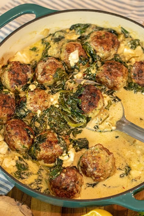 Chicken Meatballs in a Spinach & Feta Cream Sauce Spinach Feta Chicken, Feta Sauce, Dimitras Dishes, Spinach Meatballs, Cream Sauce For Chicken, Meatball Dinner, Chicken Meatball, Feta Chicken, Spinach Feta