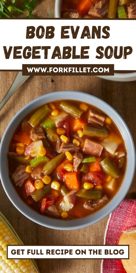 If you want a cozy and yummy bowl of soup, try Bob Evans Vegetable Soup Recipe. Imagine a hot pot full of tasty vegetables, yummy broth, and a flavour that feels like a food hug. #VegetableSoup #souprecipes Copycat Bob Evans Beef Vegetable Soup, Southern Vegetable Beef Soup, Bob Evans Vegetable Beef Soup, Bob Evans Vegetable Beef Soup Recipe, Bob Evans Bean Soup Recipe, Bob Evans Chili Recipe, Vegetable Soup Seasoning, Veg Beef Soup, Bob Evans Recipes