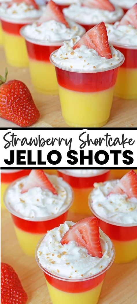 Easy Pudding Shots, Layered Strawberry Shortcake, Strawberry Jello Shots, Pudding Shot Recipes, Jello Pudding Shots, Easy Puddings, Pudding Shots, Jello Shot Recipes, Yummy Alcoholic Drinks