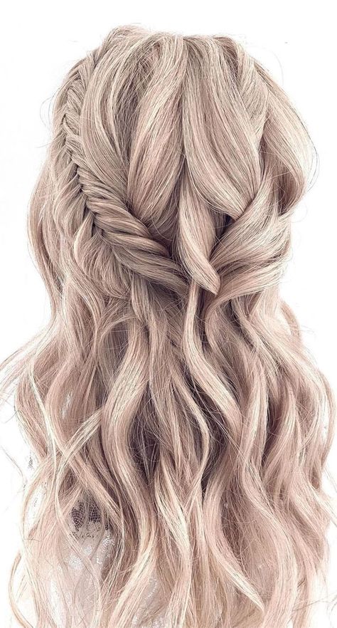 Half Up Hairstyles That Are Pretty For 2021 : Half up with great texture & volume Messy Curls Down Style Wedding Hair With Braid, Fall Wedding Hairstyles Half Up, Half Hp Half Down Hair, Fishtail Braid Hairstyles Half Up, Braid Half Up, Braid Half Up Half Down, Half Up Wedding Hair, Guest Hair, Bridesmaid Hair Makeup