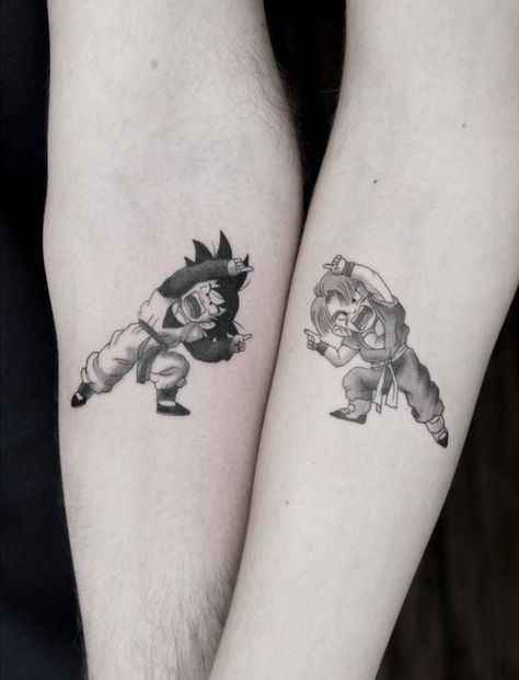 Matching Brother Tattoos, Bro Tattoos, Anime Tattoo Designs, Shen Long Tattoo, Dbz Tattoo, Partner Tattoos, Maching Tattoos, Matching Friend Tattoos, Brother Tattoos