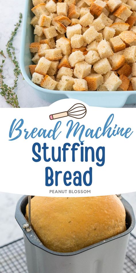 Bake a loaf of stuffing bread in your bread maker and then cube it up to make homemade stuffing croutons for the holiday. You can also slice it to use for sandwiches using your Thanksgiving leftovers, it tastes amazing with sliced turkey and some gravy! Bread Machine Stuffing Bread, Stuffing Bread Loaf, Stuffing Croutons, Easy Homemade Stuffing, Stuffing Bread, Easy Dinner Side Dishes, Peanut Blossoms, Rice Pilaf Recipe, Peanut Gallery