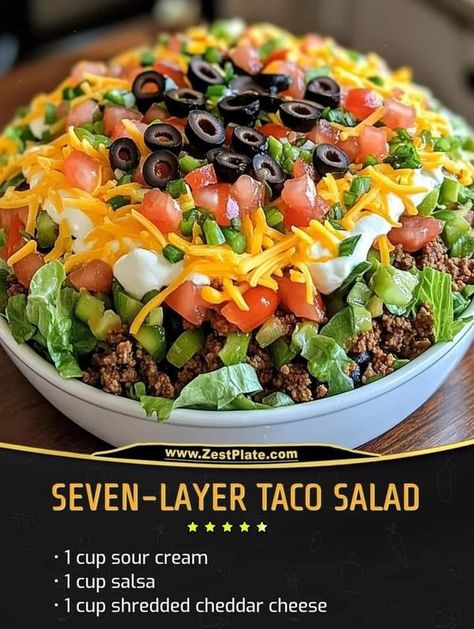 Easy Diabetic Recipes | Seven-Layer Taco Salad | Facebook 7 Layer Taco Salad Recipe, 7 Layer Taco Salad, Ground Beef Salad, Layered Taco Salads, Taco Salad Ingredients, Taco Salad Recipe, Seven Layer Salad, Food Network Chefs, Taco Salads