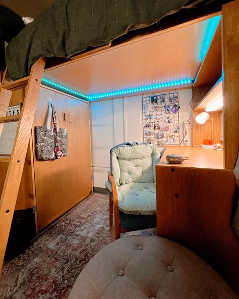 Ideas for under lofted college bed!! #dorm #dormdecor #dormroomideas #college #collegelife #collegetips #collegebound #aestheticroomdecor led lights #loftbedideas #desksetup #deskdecor Dorm Room Desk Under Bed, Desk Under Bunk Bed Dorm Room, Desk Under Bed Dorm, Dorm Room Lofted Bed, Dorm Loft Bed, Lofted Bed Ideas, Desk Under Bed, Bed With Desk Underneath, Lofted Bed