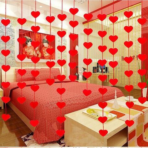 Heart Curtain, Romantic Room Decoration, Wedding Room Decorations, Diy Girlande, Decoration For Ganpati, Rope Decor, Romantic Room, Heart Garland, Felt Heart