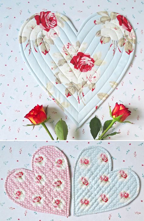 Free heart placemat coaster pattern Valentines Fabric Crafts, Valentine Table Runner Pattern Free, Sew Coasters, Valentine Placemats, Valentine Sewing, Heart Placemats, Valentines Coasters, Heart Coaster, Quilting Guides