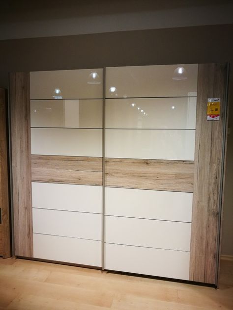 White & light grey wood wardrobe with sliding doors White And Wood Sliding Wardrobe, Wood Sliding Wardrobe, Gray With Wood, White Sliding Wardrobe, Wardrobe With Sliding Doors, Color Wardrobe, Wood Wardrobe, Sliding Wardrobe Doors, Sliding Wardrobe