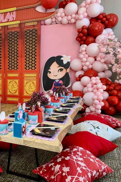 Take a look at this cute Mulan 1st birthday party! The table settings will blow you away!! See more party ideas and share yours at CatchMyParty.com Mulan Birthday Party, Chinese Theme Parties, Mulan Birthday, Chinese Birthday, Princess Balloons, Japanese Party, Asian Party, Barbie Theme Party, 1st Birthday Party For Girls