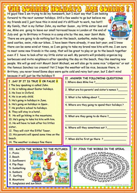 Holiday Reading Comprehension, Holiday Reading List, Free Reading Comprehension Worksheets, Esl Reading, Summer Worksheets, Holiday Worksheets, English Grammar Worksheets, Comprehension Worksheets, English Reading