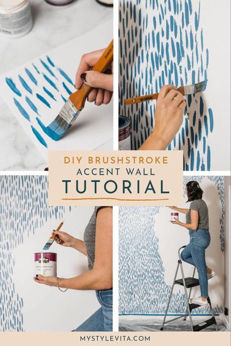 A fun DIY accent wall tutorial with a simple brushstroke. This accent wall helps to transform any wall in your home. Try it in the home office, a powder room or a nursery for a bold statement that looks like wallpaper! See the step by step tutorial to create this DIY brushstroke accent wall today #homedecor #diy #wallpaper Brushstroke Accent Wall, Accent Wall Tutorial, Perete Accent, Diy Wand, Diy Accent Wall, A Wallpaper, Diy Projects On A Budget, The Wallpaper, Diy Home Decor Projects