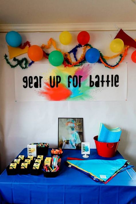 Kara's Party Ideas Holi Inspired Color War Birthday Party | Kara's Party Ideas Gellyball Party Ideas, Color Splash Birthday Party, Holi Birthday Party Ideas, Gelly Ball Birthday Party, Color Wars Birthday Party, Color Wars Party Ideas, Holi Birthday Party, Gel Blaster Party, Gel Blaster Birthday Party Ideas