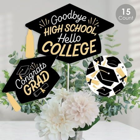 Bring your party theme to all areas of the celebration with Goodbye High School, Hello College Table Toppers. Each heavy-duty cardstock paper cutout quickly attaches to the included sticks to create centerpiece sticks that can be used in vases or floral arrangements at all your party tables. You can even add them to candy jars at your goodies table! Goodbye High School, Hello College centerpiece sticks may also be used as photo booth props. You will love how versatile this fun party supply is wh College Graduation Party Centerpieces, Doctor Graduation Party, Grad Party Centerpieces, Grad Table, Green Graduation Party, Graduation Table Centerpieces, Graduation Party Photo Booth, Graduation Candy Buffet, Blue Graduation Party