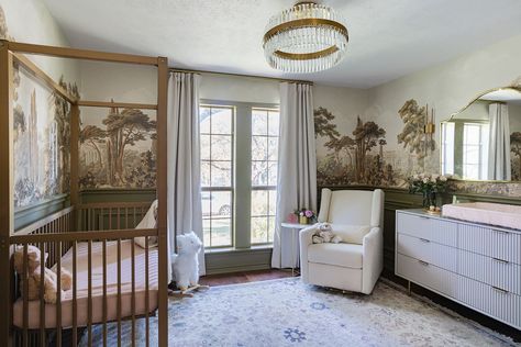 Baby girl nursery, muted green wainscotting and vintage mural wall covering, glam gold lighting Wainscot Nursery, Green Wainscotting, Nursery Gold Crib, Earth Tones Interior Design, Earth Tones Interior, Earth Tones Nursery, Interior Design Nursery, Nursery Luxury, Nursery Design Ideas