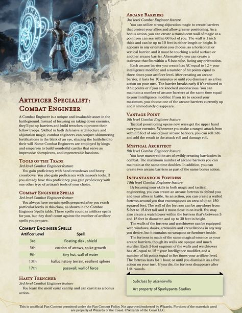 Artificer Specialist: Combat Engineer. Become an architect of the battlefield with magical barriers and stairs that get you to the high ground. : UnearthedArcana Dnd Artificer, Combat Engineer, Dnd Stories, D D Classes, Dnd Races, Dnd Classes, D D Character Ideas, Dnd Funny, High Ground