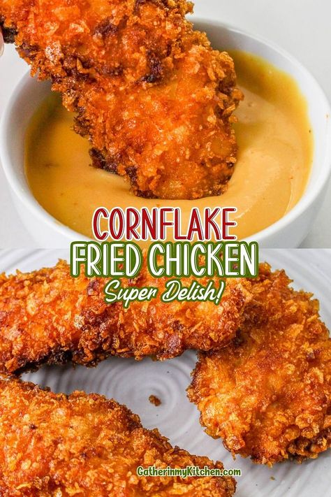 Elevate your comfort food game with our Crispy Cornflake Chicken. This recipe marries juicy chicken breasts with a flavorful blend of spices and a crunchy cornflake outer layer. A trio of dipping stations ensures each strip is perfectly coated and fried to golden perfection. Ideal for a cozy night in or a decadent weekend treat! Fried Chicken Breast Recipe, Cornflake Chicken, Crispy Chicken Breast, Fried Chicken Strips, Fried Chicken Tenders, Breaded Chicken Breast, Fried Chicken Recipe, Buttermilk Fried Chicken, Oven Fried Chicken