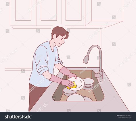 Washing Dishes Drawing, Washing Dishes Illustration, Man Washing Dishes, Bathroom Drawing, Kitchen Cartoon, Comic Reference, Plate Drawing, Draw Reference, Indian Illustration