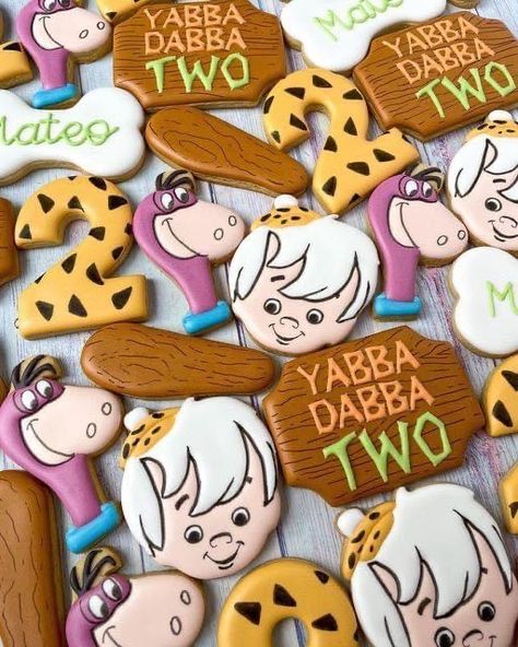 Yabba Dabba Two Cookies Decorated, Flinstones Cookies, Yabba Dabba Two Cookies, Yabba Dabba Two Birthday Boy, Yabba Dabba Two Birthday Girl, Yabba Dabba Two Birthday, Yabba Dabba Two, Flintstone Party, Second Birthday Boys