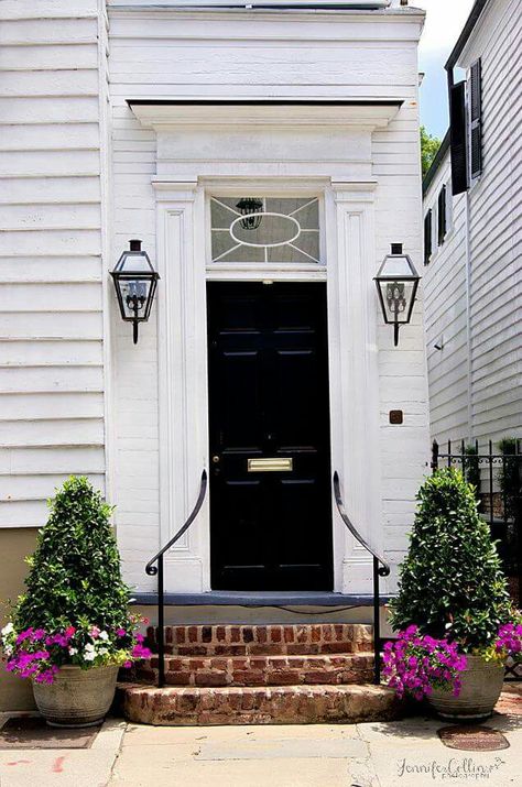 Indoor Steps, Wrought Iron Porch Railings, Iron Railings Outdoor, Front Door Landscaping, Porch Handrails, Garage Stairs, Columbia House, Painted Brick Exteriors, Front Porch Railings